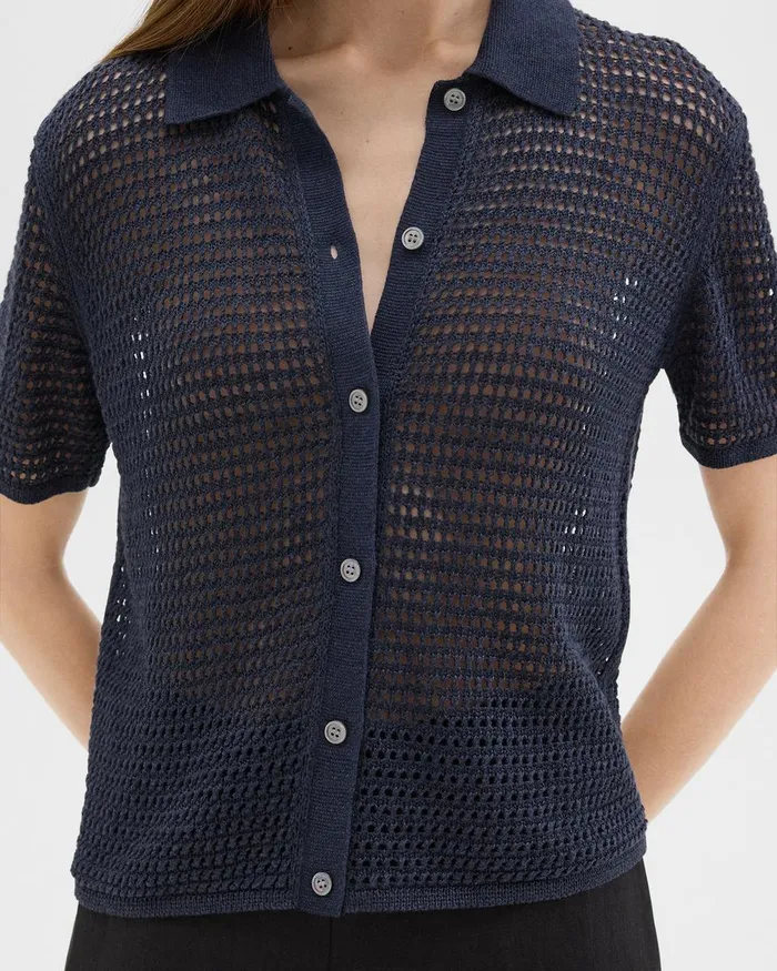 Women Sweaters Cardigans Theory Mesh ShortSleeve Shirt In LinenViscose Nocturne Navy