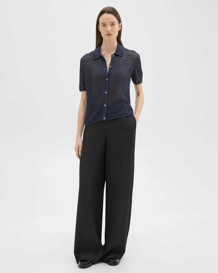 Women Sweaters Cardigans Theory Mesh ShortSleeve Shirt In LinenViscose Nocturne Navy