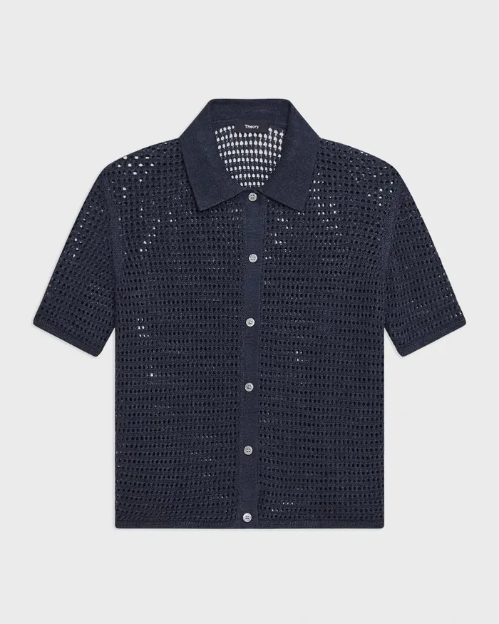 Women Sweaters Cardigans Theory Mesh ShortSleeve Shirt In LinenViscose Nocturne Navy