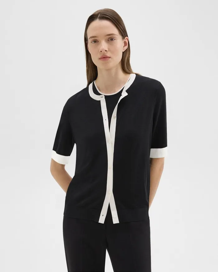 Women Sweaters Cardigans Theory ShortSleeve Cardigan In Regal Wool Blacknew Ivory