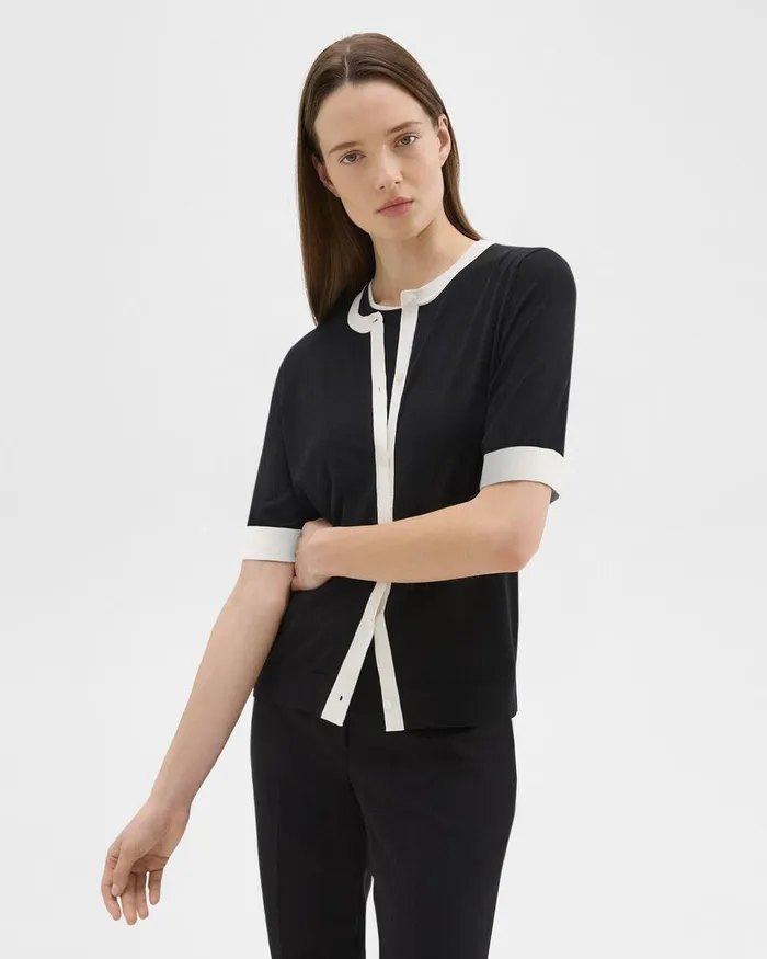 Women Sweaters Cardigans Theory ShortSleeve Cardigan In Regal Wool Blacknew Ivory