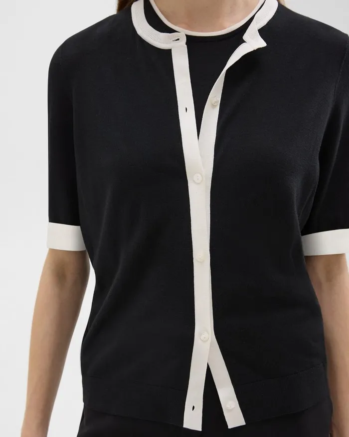 Women Sweaters Cardigans Theory ShortSleeve Cardigan In Regal Wool Blacknew Ivory