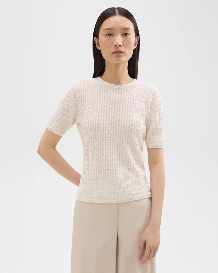 Women Sweaters Cardigans Theory ShortSleeve Sweater In Cable Knit Linen Bone