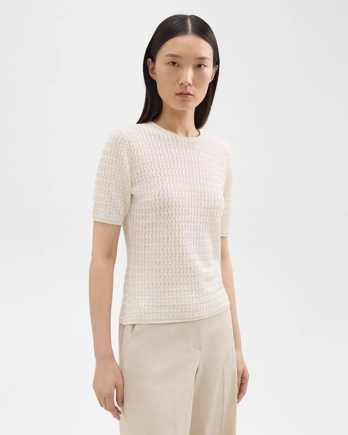 Women Sweaters Cardigans Theory ShortSleeve Sweater In Cable Knit Linen Bone