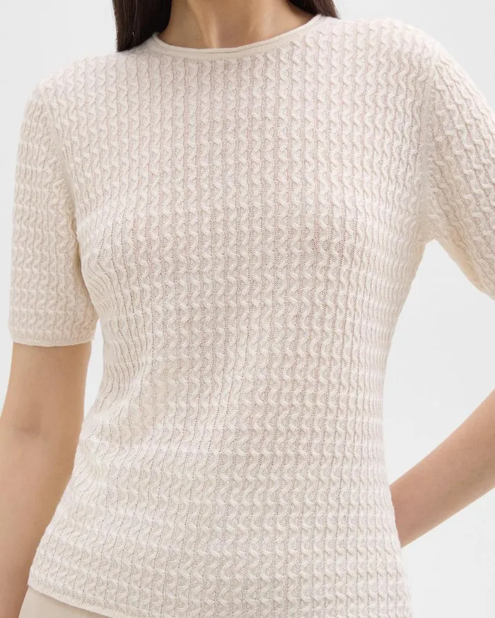 Women Sweaters Cardigans Theory ShortSleeve Sweater In Cable Knit Linen Bone
