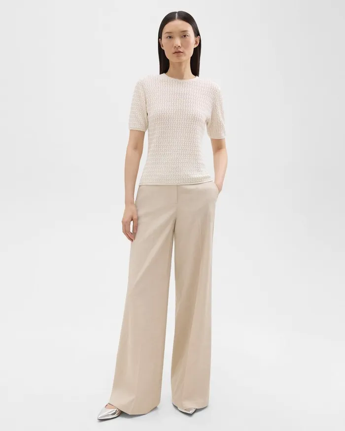 Women Sweaters Cardigans Theory ShortSleeve Sweater In Cable Knit Linen Bone