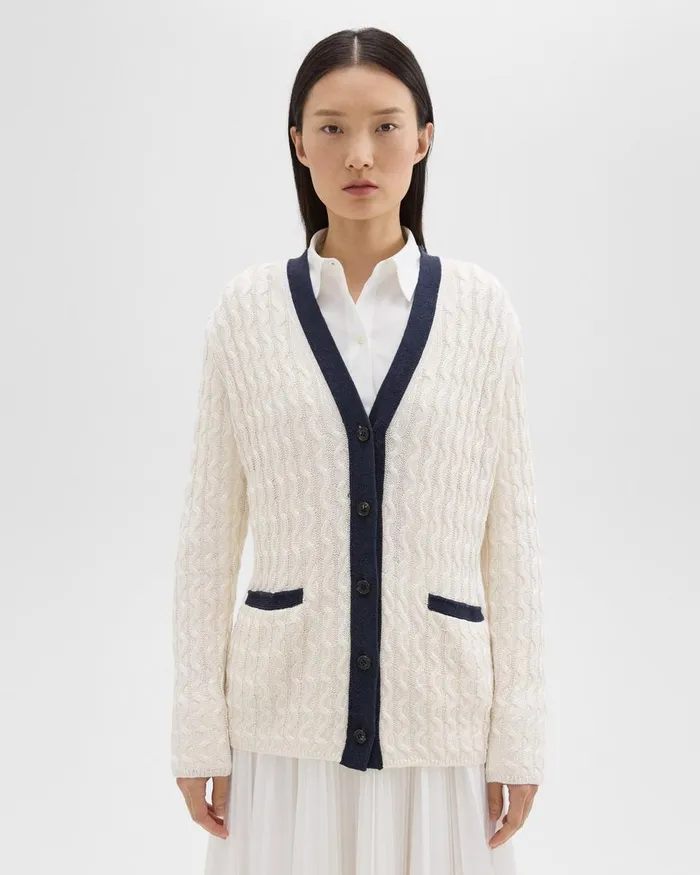 Women Sweaters Cardigans Theory VNeck Cardigan In Cable Knit Linen Bonenocturne Navy