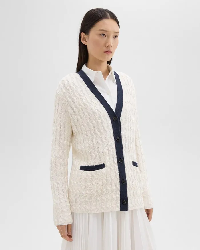 Women Sweaters Cardigans Theory VNeck Cardigan In Cable Knit Linen Bonenocturne Navy