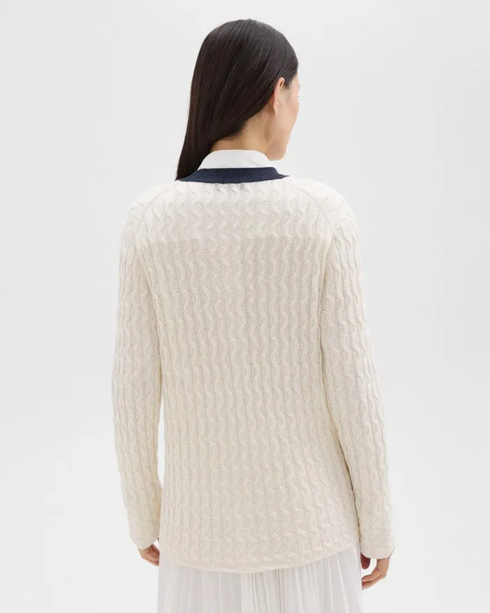 Women Sweaters Cardigans Theory VNeck Cardigan In Cable Knit Linen Bonenocturne Navy
