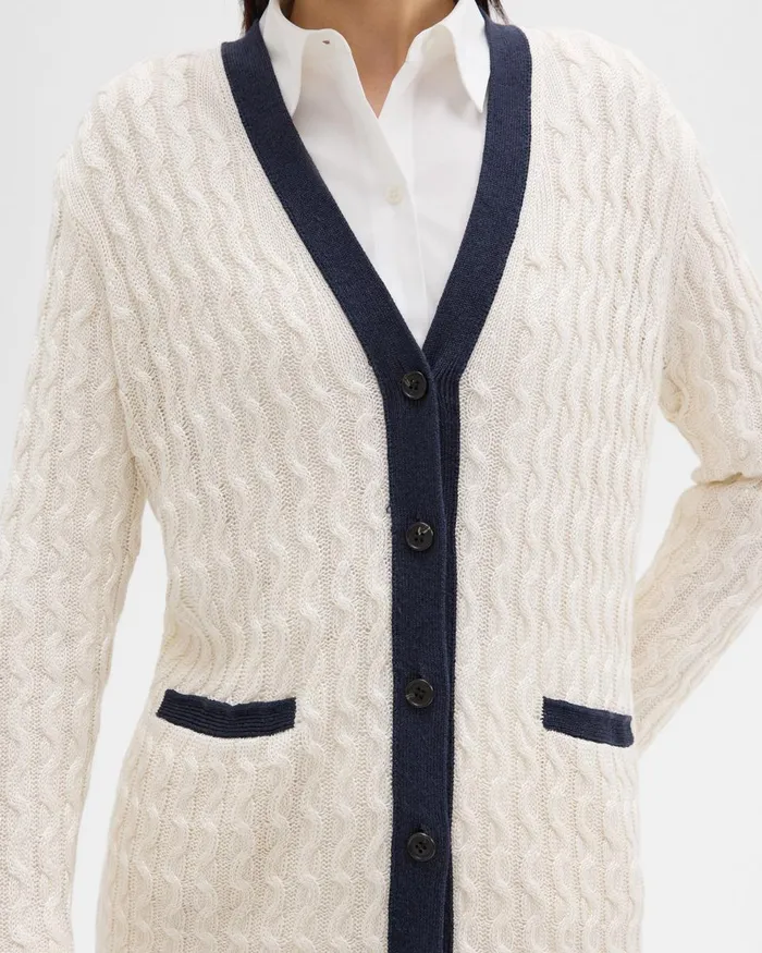 Women Sweaters Cardigans Theory VNeck Cardigan In Cable Knit Linen Bonenocturne Navy