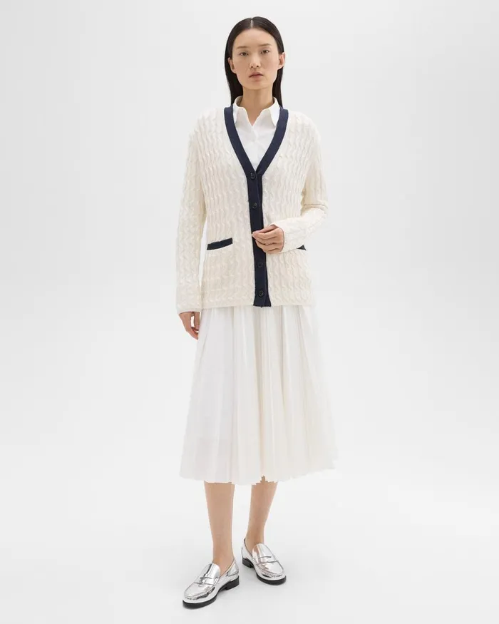 Women Sweaters Cardigans Theory VNeck Cardigan In Cable Knit Linen Bonenocturne Navy