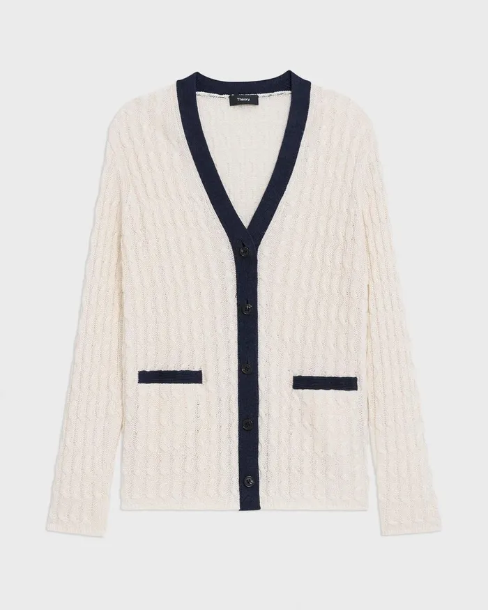 Women Sweaters Cardigans Theory VNeck Cardigan In Cable Knit Linen Bonenocturne Navy