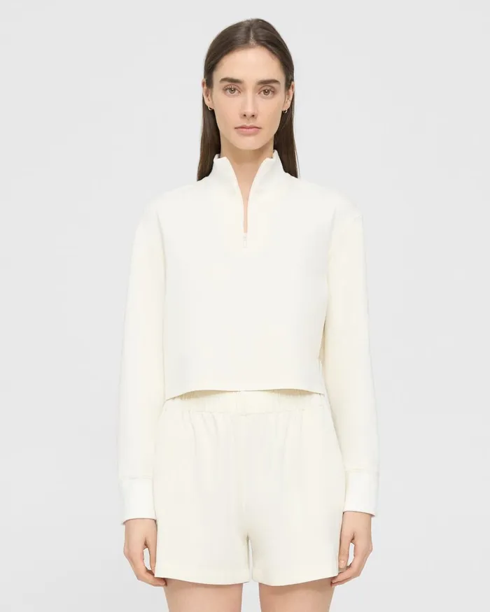 Women TShirts Tank Tops Theory Cropped HalfZip Sweatshirt In DoubleKnit Jersey Ivory