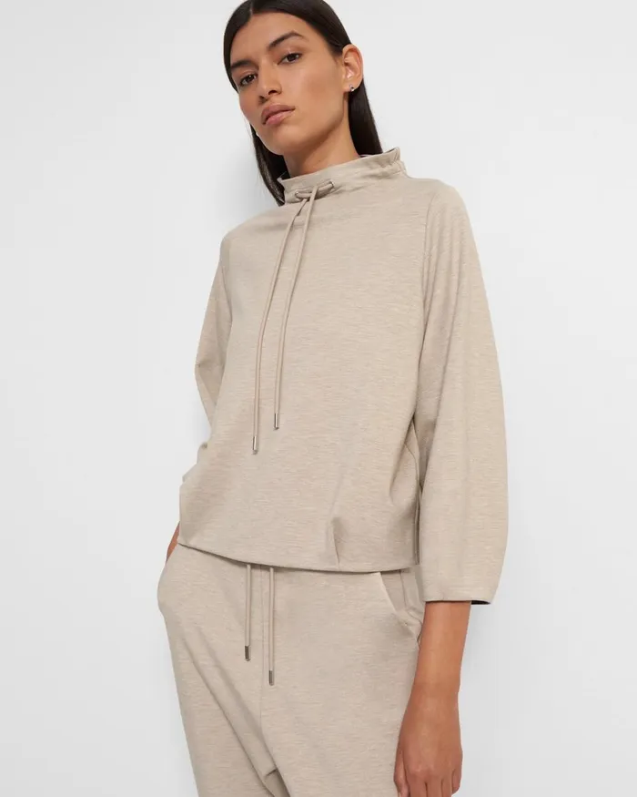 Women TShirts Tank Tops Theory Drawstring Pullover In DoubleKnit Jersey Oatmealcharcoal Melange