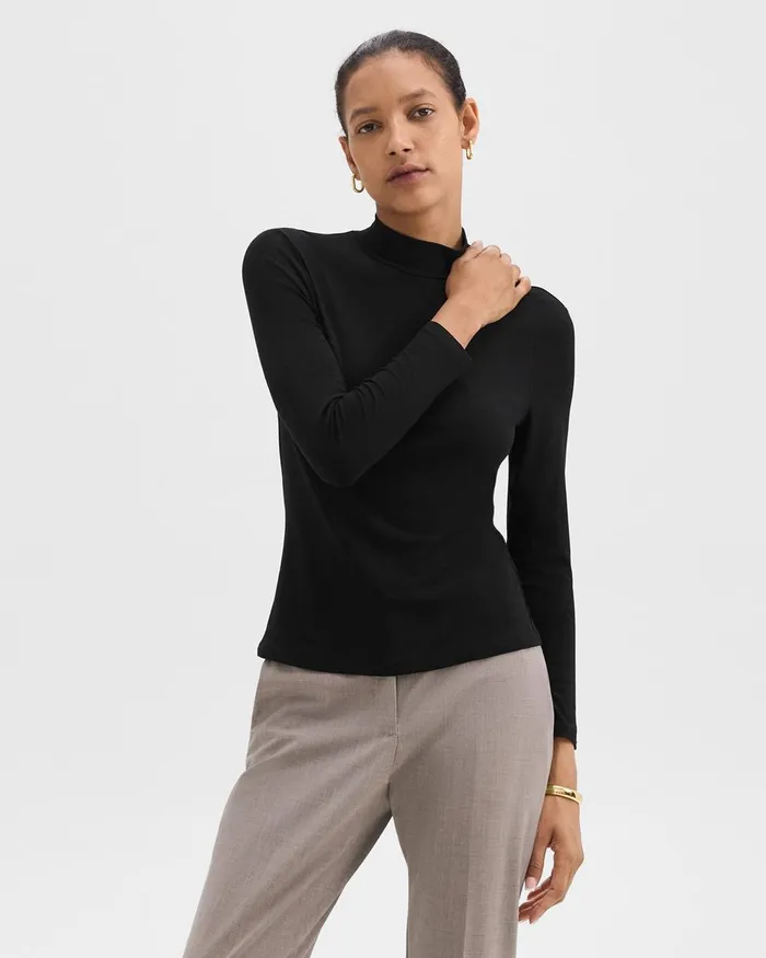 Women TShirts Tank Tops Theory Mock Neck Top In Rib Knit Viscose Black