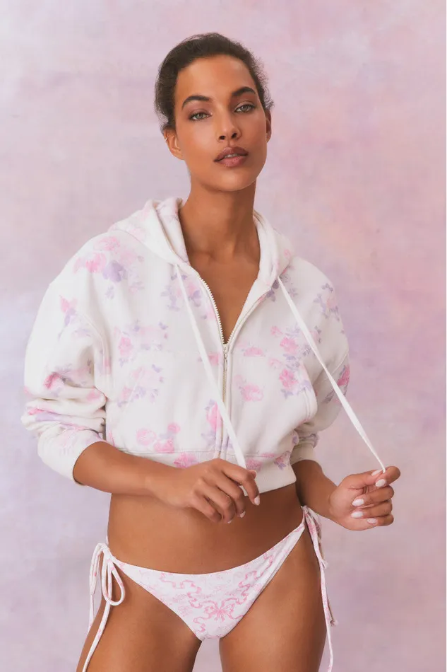 Women Tees and Fleece LoveShackFancy Pierra Crop Floral Print Logo Hoodie Lilac Pearl