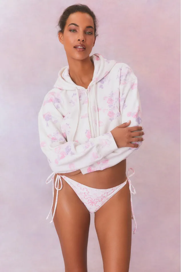 Women Tees and Fleece LoveShackFancy Pierra Crop Floral Print Logo Hoodie Lilac Pearl