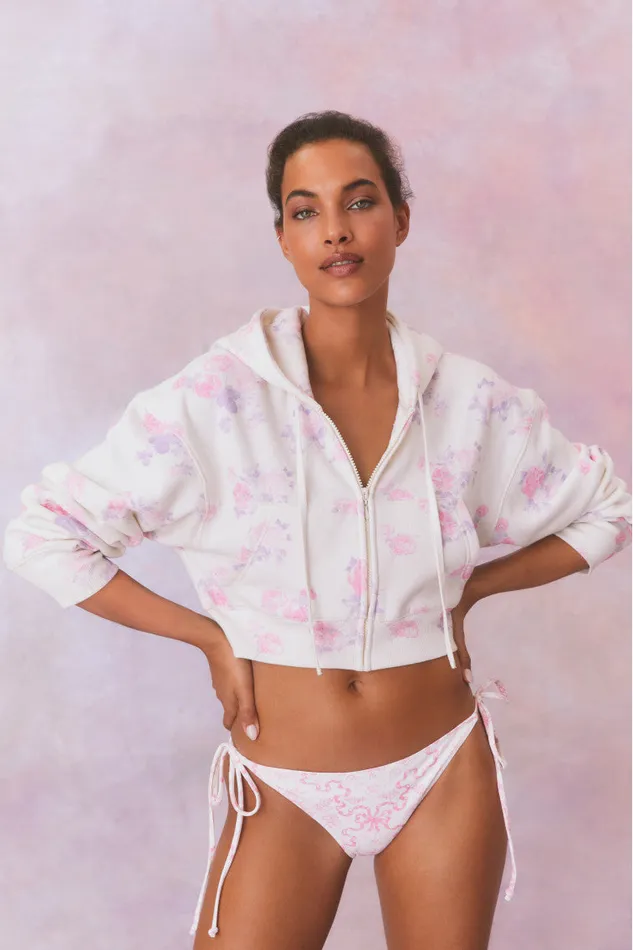 Women Tees and Fleece LoveShackFancy Pierra Crop Floral Print Logo Hoodie Lilac Pearl