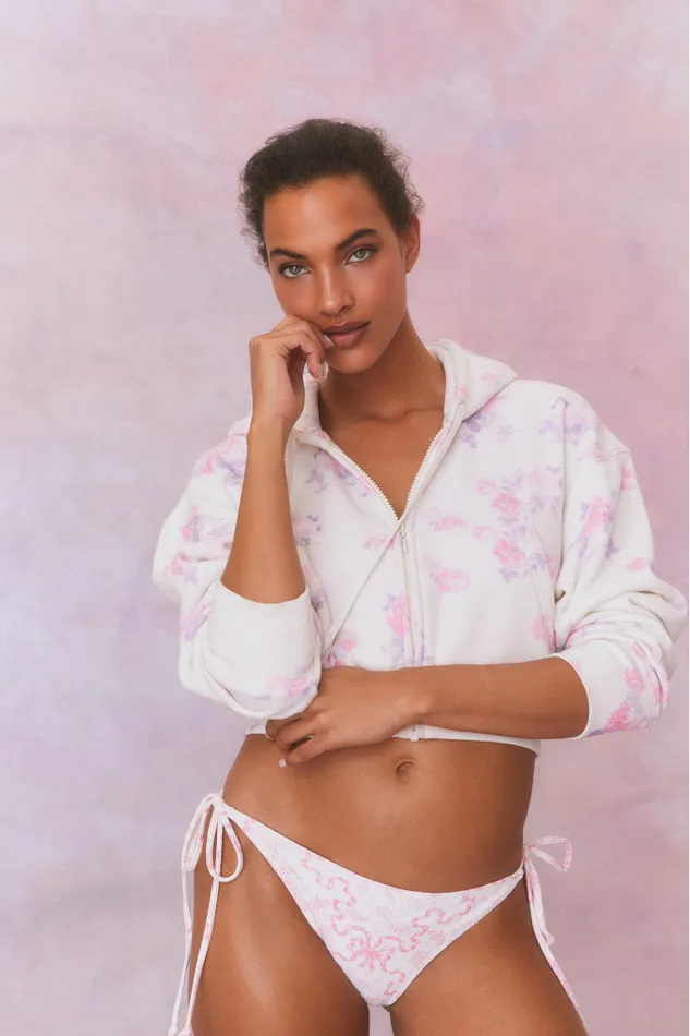 Women Tees and Fleece LoveShackFancy Pierra Crop Floral Print Logo Hoodie Lilac Pearl