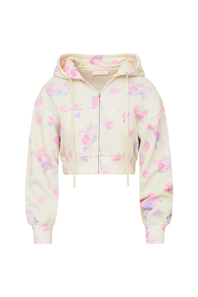 Women Tees and Fleece LoveShackFancy Pierra Crop Floral Print Logo Hoodie Lilac Pearl