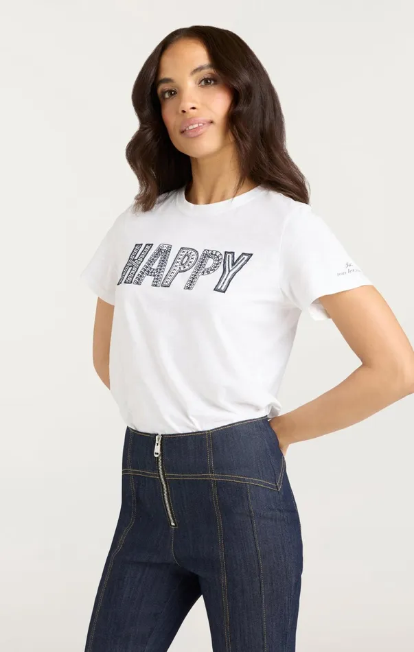 Women Tees and Pullovers Cinq Sept Embroidered Happy Tee Whitenavy