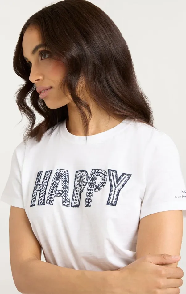 Women Tees and Pullovers Cinq Sept Embroidered Happy Tee Whitenavy