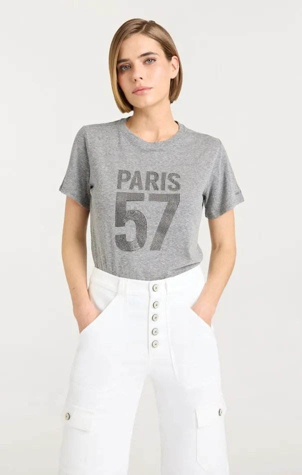 Women Tees and Pullovers Cinq Sept Rhinestone Paris 57 Tee Heather Greysilver