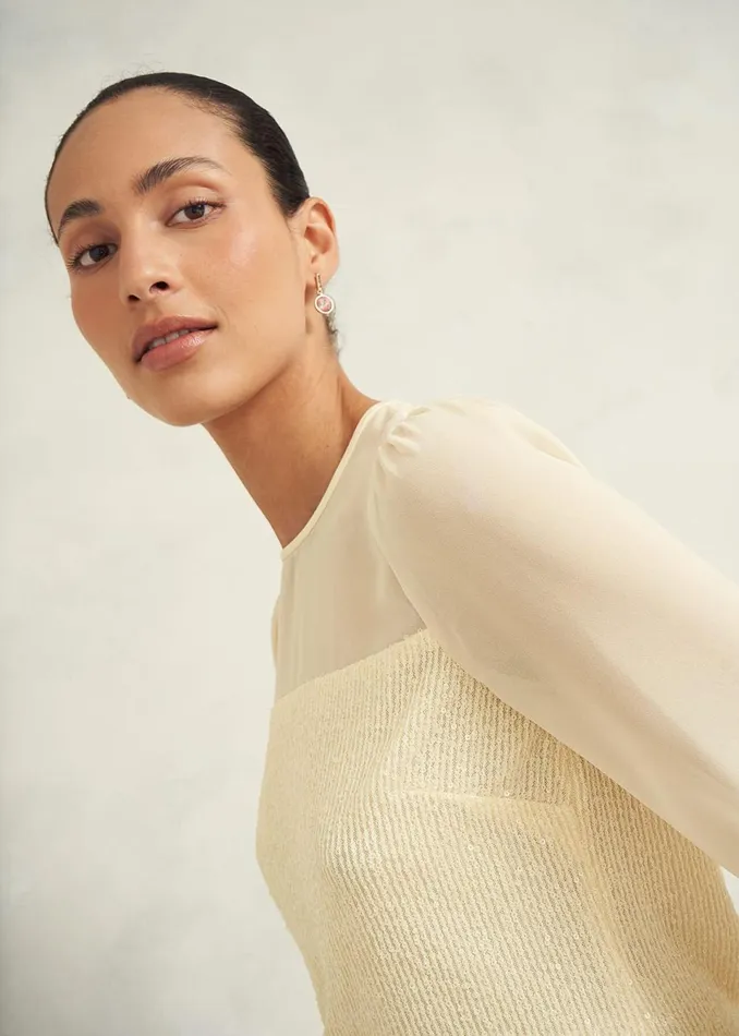 Women Tops Hobbs Zariah Sequin Top Buttercream