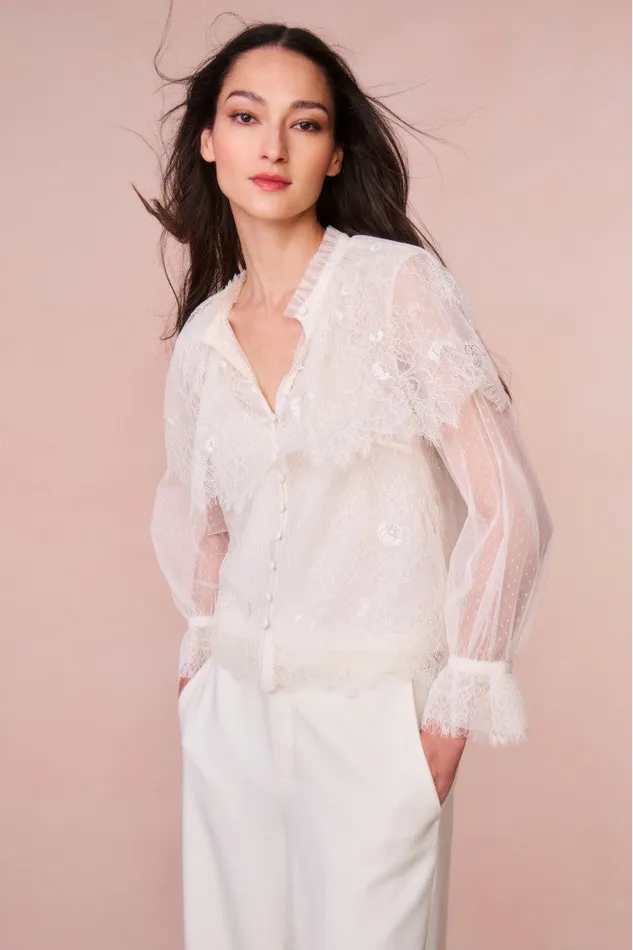 Women Tops LoveShackFancy Duquette Sheer Lace Top Ivory
