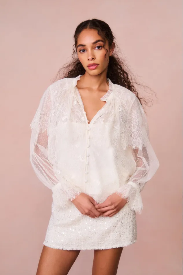 Women Tops LoveShackFancy Duquette Sheer Lace Top Ivory