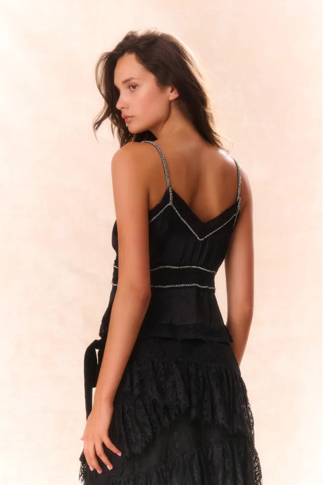 Women Tops LoveShackFancy Laticia Embellished Satin Top Black