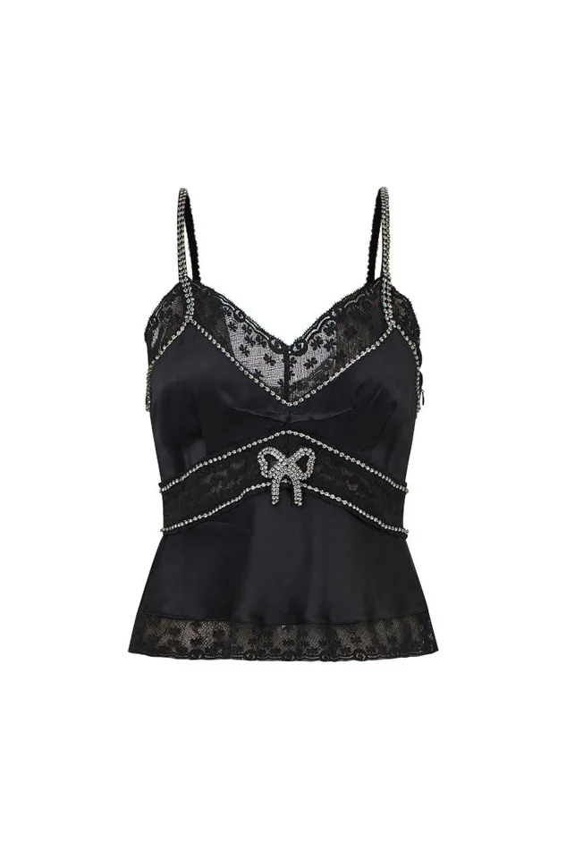 Women Tops LoveShackFancy Laticia Embellished Satin Top Black