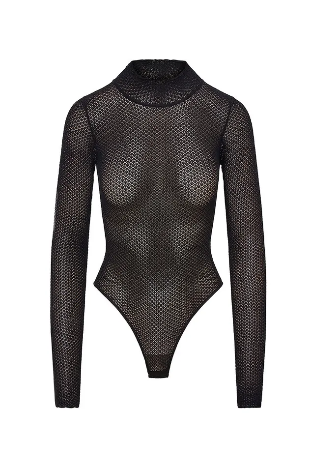 Women Tops LoveShackFancy Rosiers Sheer Long Sleeve Bodysuit Black