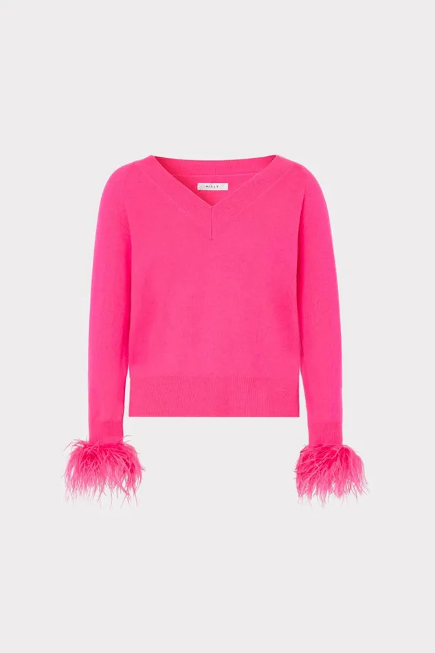 Women Tops Milly Feather Cuff Vneck Sweater Milly Pink