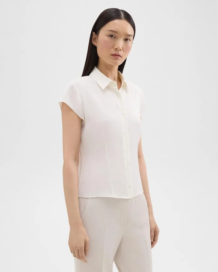 Women Tops Theory Cap Sleeve Shirt In Silk Georgette Ivory