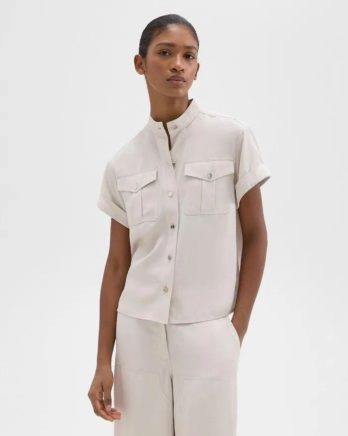 Women Tops Theory Military Shirt In Fluid Twill New Sand