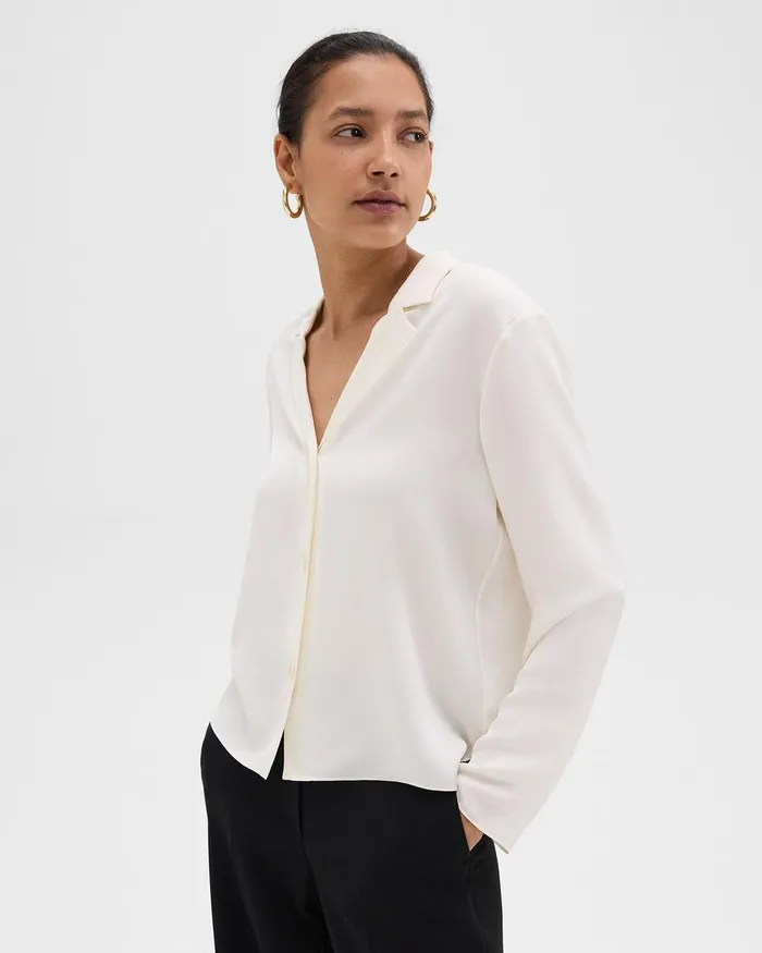 Women Tops Theory Notched Lapel Blouse In Silk Georgette Ivory