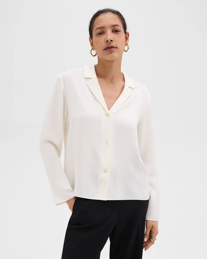 Women Tops Theory Notched Lapel Blouse In Silk Georgette Ivory