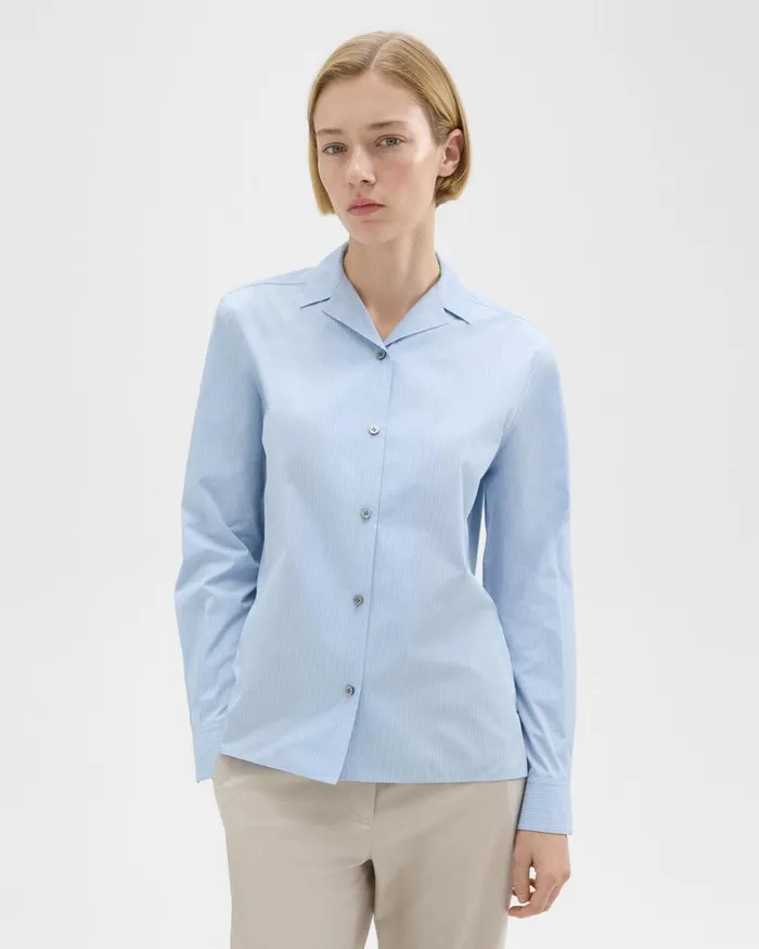 Women Tops Theory Striped CottonBlend Shirt Light Blue Multi