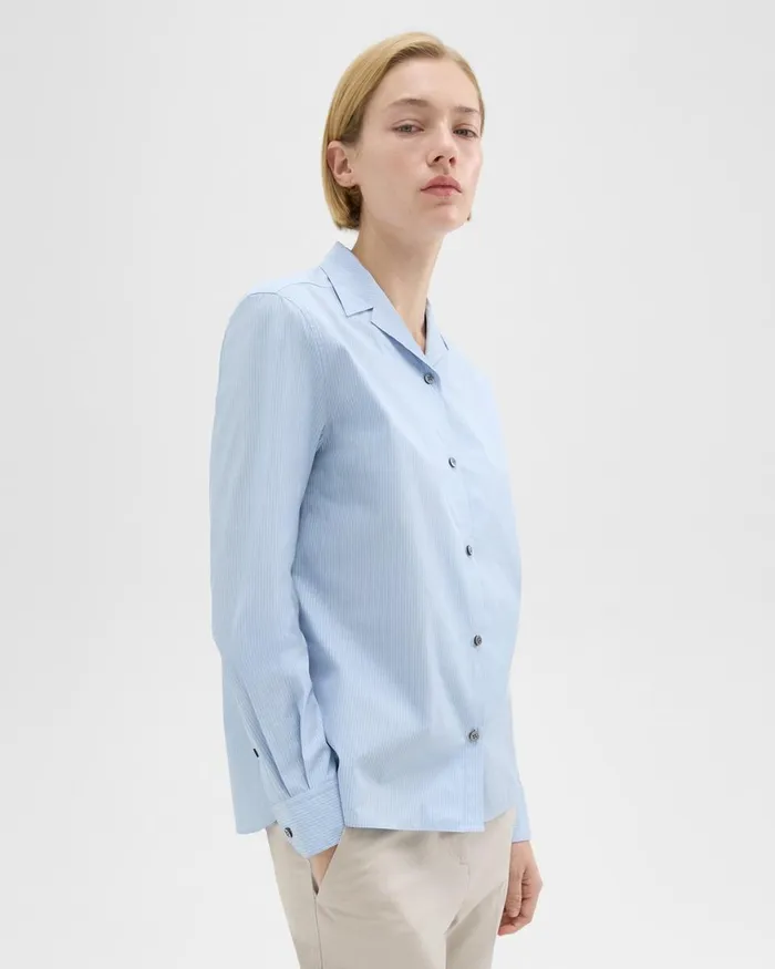 Women Tops Theory Striped CottonBlend Shirt Light Blue Multi