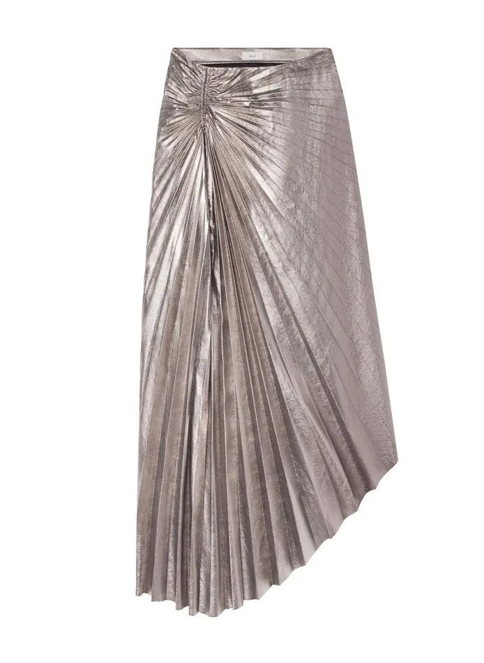 Women Tracy Metallic Vegan Leather Skirt Smoky Silver ALC Bottoms