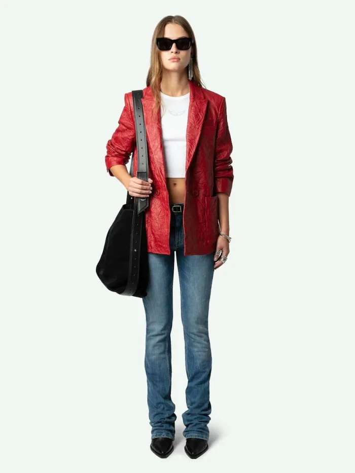 Women Zadig and Voltaire Jackets and Coats Visko Crinkled Leather Blazer Crimson