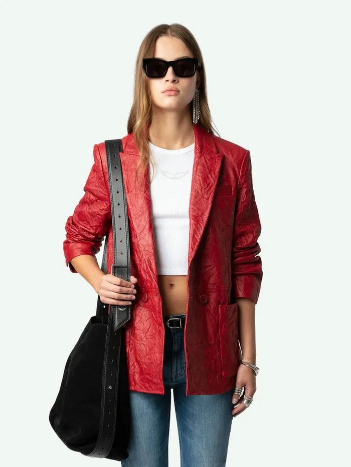 Women Zadig and Voltaire Jackets and Coats Visko Crinkled Leather Blazer Crimson Women Zadig and Voltaire Jackets and Coats Visko Crinkled Leather Blazer Crimson