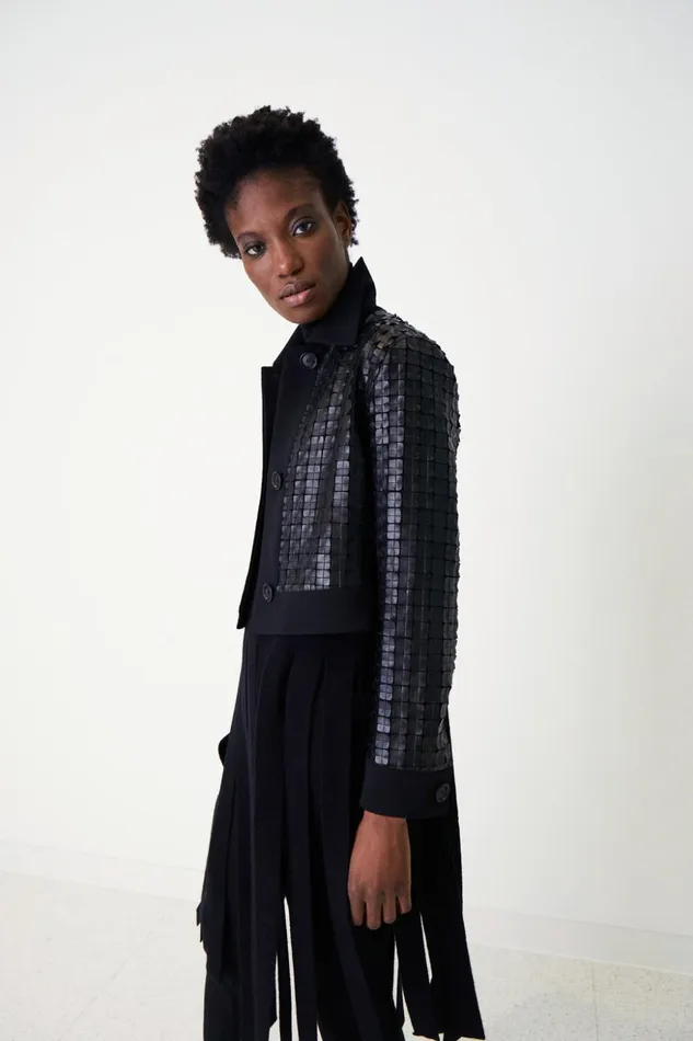 Wool DoubleFace Short Jacket With With Faux Leather Superpos Grid Embellishment Black Women Akris Jackets