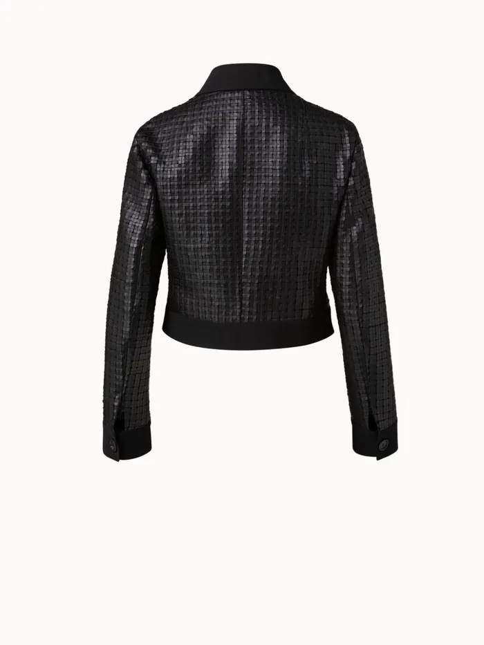 Wool DoubleFace Short Jacket With With Faux Leather Superpos Grid Embellishment Black Women Akris Jackets