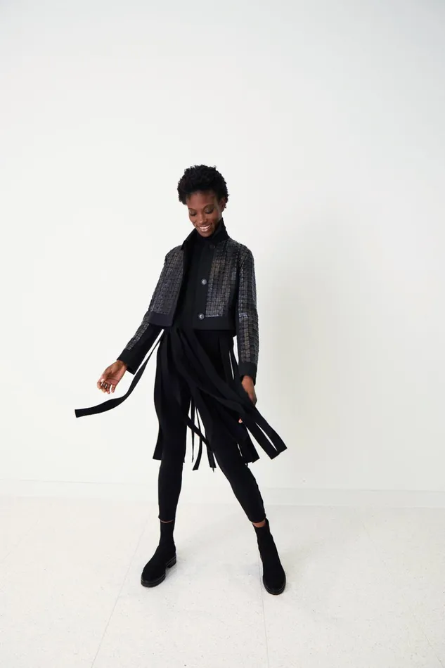 Wool DoubleFace Short Jacket With With Faux Leather Superpos Grid Embellishment Black Women Akris Jackets