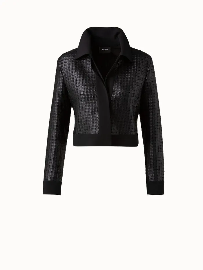 Wool DoubleFace Short Jacket With With Faux Leather Superpos Grid Embellishment Black Women Akris Jackets