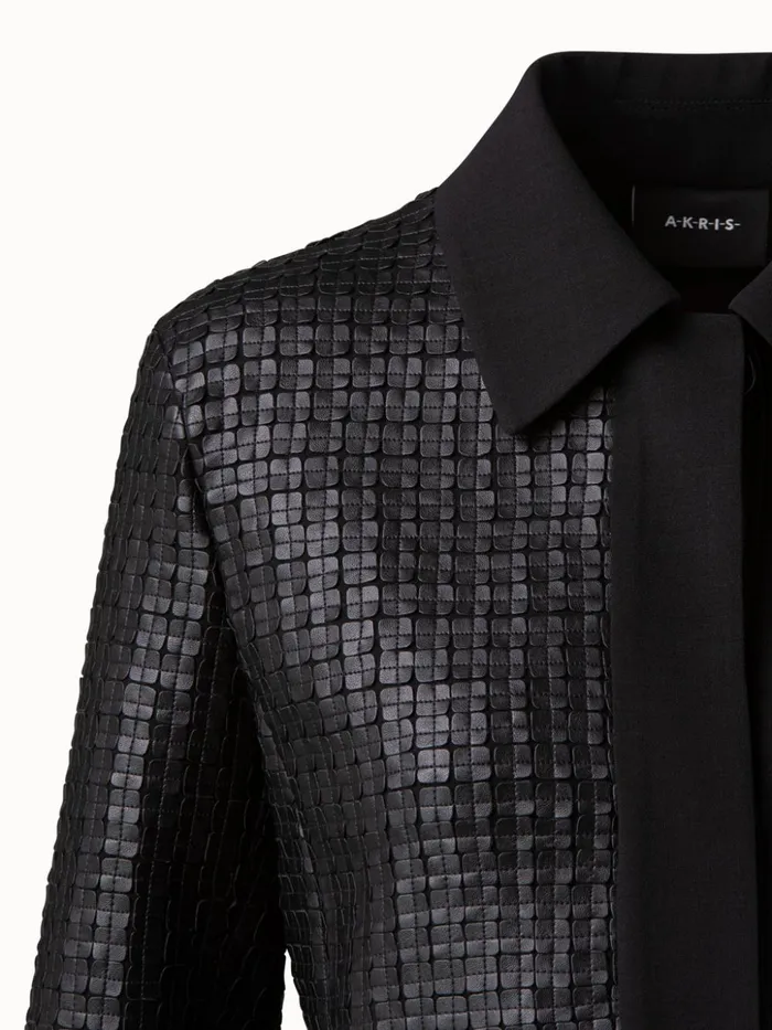 Wool DoubleFace Short Jacket With With Faux Leather Superpos Grid Embellishment Black Women Akris Jackets