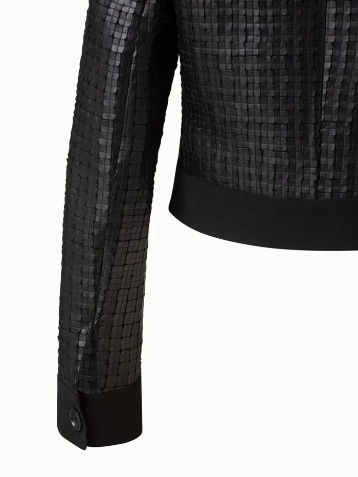 Wool DoubleFace Short Jacket With With Faux Leather Superpos Grid Embellishment Black Women Akris Jackets