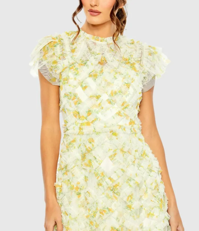 Yellow High Neck Ruffle Cap Sleeve Floral Dress Yellow Multi Daytime Dresses Mac Duggal Women Yellow High Neck Ruffle Cap Sleeve Floral Dress Yellow Multi Daytime Dresses Mac Duggal Women